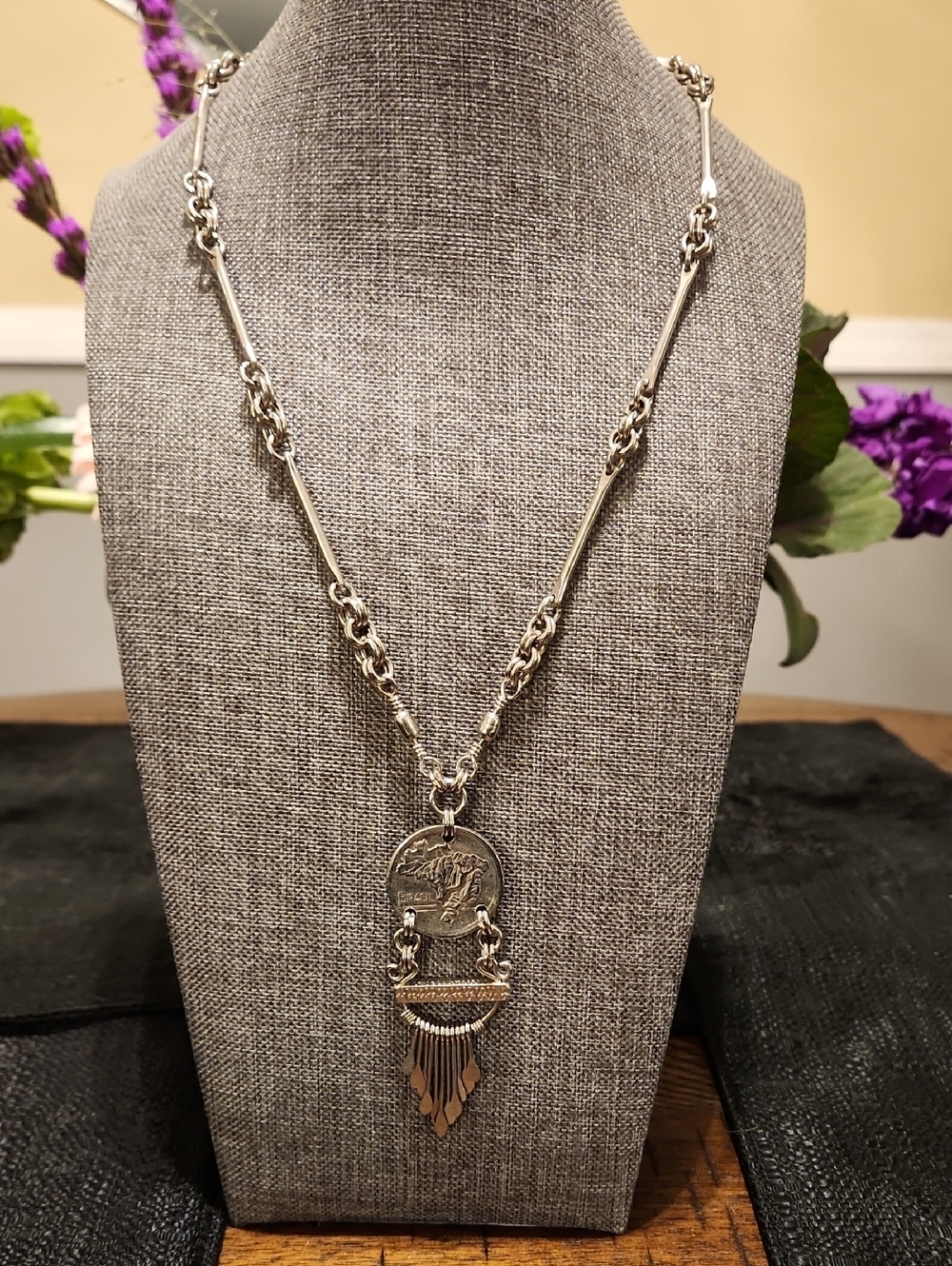 1947 2 Cruzeiros Coin and map of Brazil Pendant Fringe Necklace - Women Jewelry